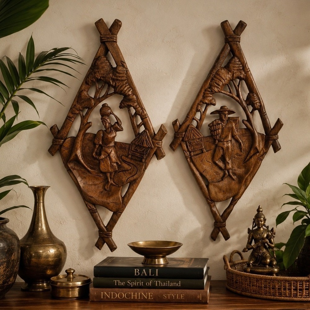 Vintage Thai Teak Wall Plaques Pair Hand Carved Village Folk Art 20"